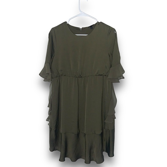 Who What Wear Ruffle Flouncy Cold Shoulder Shortsleeve Dress Women’s Olive Green - Picture 1 of 12